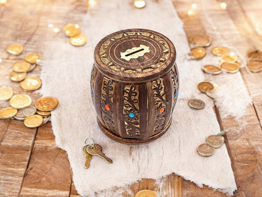 Handcrafted Wooden Barrel Shaped Money Bank - Premium Rosewood